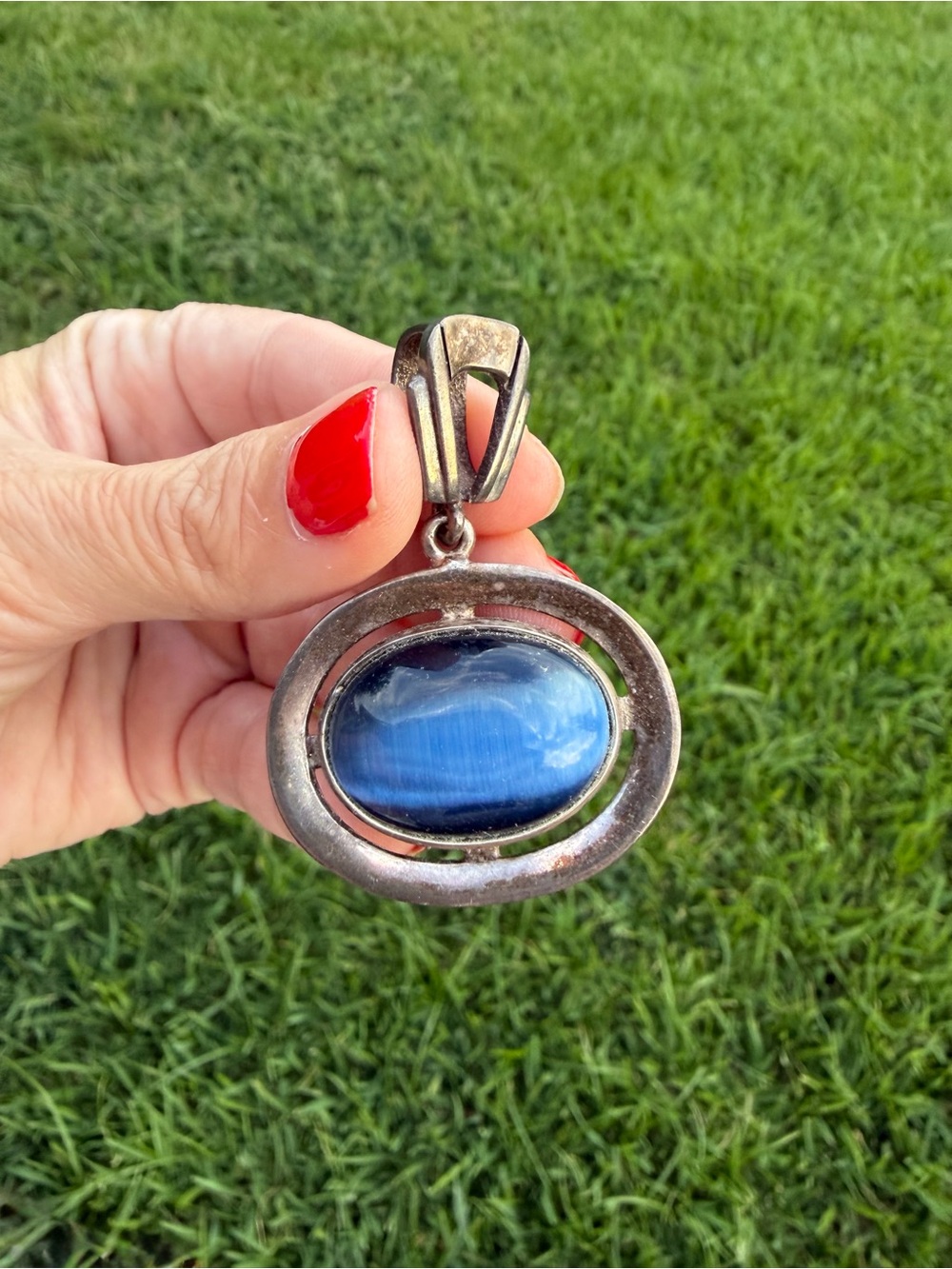 925 Sterling Silver Blue Cat Eye Stone Large Statement Pendant